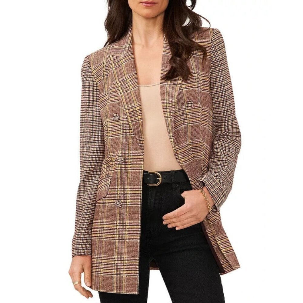 Vince Camuto Womens Plaid Double Breasted Blazer Jacket $169 Size 10 Open Front